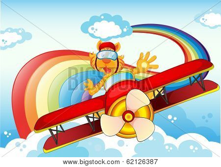Illustration of a tiger on a plane near the rainbow