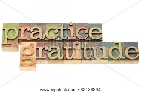 practice gratitude - isolated text in letterpress wood type printing blocks stained by color inks