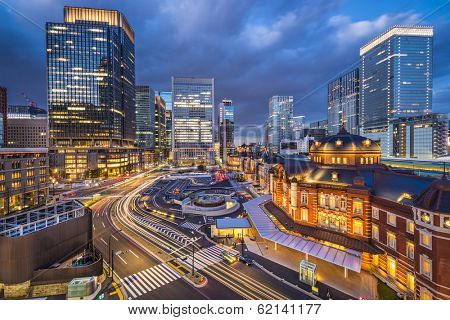 Tokyo, Japan at the Marunouchi business district and Tokyo Station.