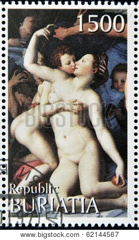 A stamp printed in Buryatia shows picture of Agnolo Bronzino 