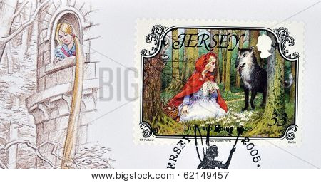 A stamp printed in Jersey shows Little Red Riding Hood and the Wolf