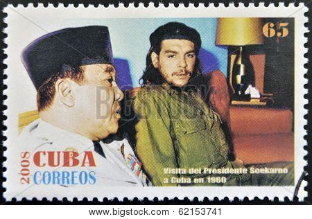Stamp printed in cuba shows President Sukarno of Indonesia and Ernesto Che Guevara