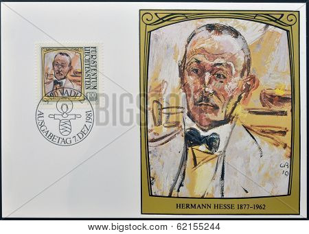 stamp dedicated to portraits of famous visitors to Liechtenstein shows Hermann Hesse