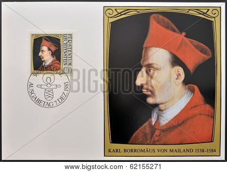 stamp dedicated to portraits of famous visitors to Liechtenstein shows St Carlo Borromeo