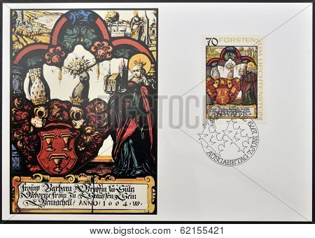 stamp dedicated to heraldic panes from the Liechtenstein National Museum shows Barbara von Suiz