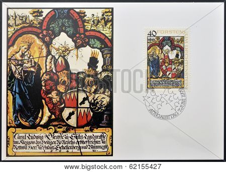 stamp dedicated to heraldic panes from the Liechtenstein National Museum shows Carl Ludwing von Suiz