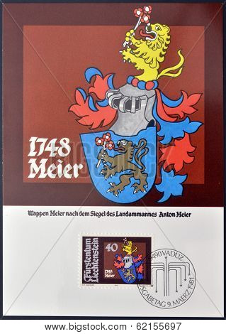 A stamp printed in Liechtenstein shows Arms of Anton Meier