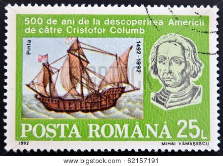 stamp shows Bust of Columbus and ship La Pinta 500th Anniversary of Discovery of America