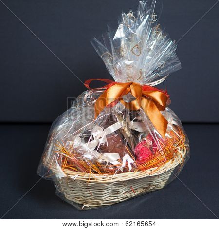 gift basket against grey background