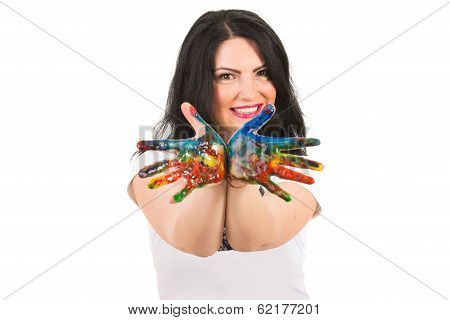 Cheerful Woman Showing Messy Colorful Hands