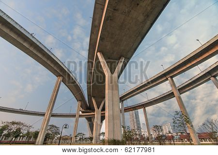 Elevated Expressway. The Curve Of Suspension Bridge, Thailand.