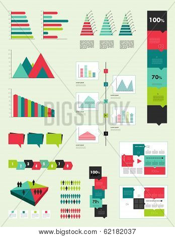 Flat infographic collection of charts, graphs, speech bubbles, schemes, diagrams. Trend color set. R