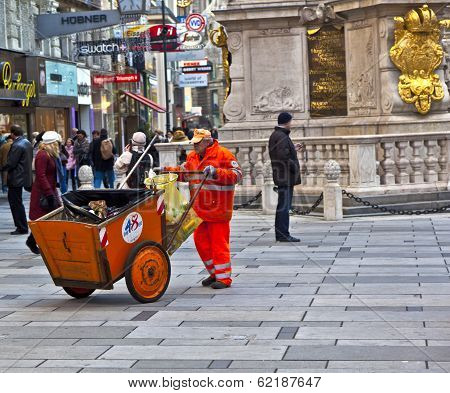 Man Cleaning The Street At  Graben In Vienna