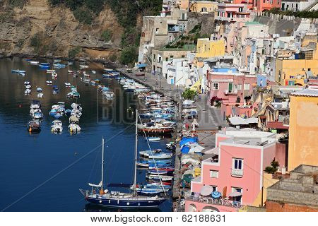 Procida, Beautiful Island In The Mediterranean Sea Coast, Marina Della Corricella Naples, Italy