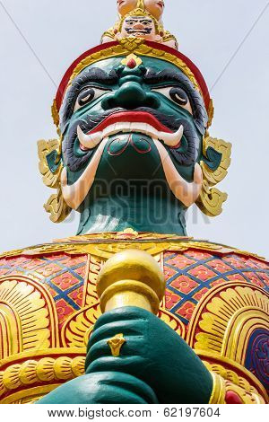 Face Of Green Demon Guardian At Thai Temple In Malaysia