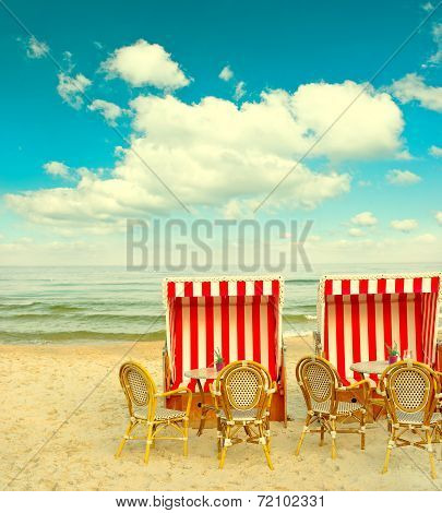 Beach Cafe On The Baltic Sea. Lanscape With Cloudy Blue Sky