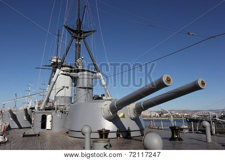 Rear 9.2 in main guns view of Battleship Averoff, Faliro, Greece
