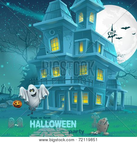 Illustration of a haunted house for Halloween for a party with ghosts