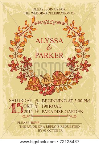 Vintage fall wedding invitation with leaves wreath