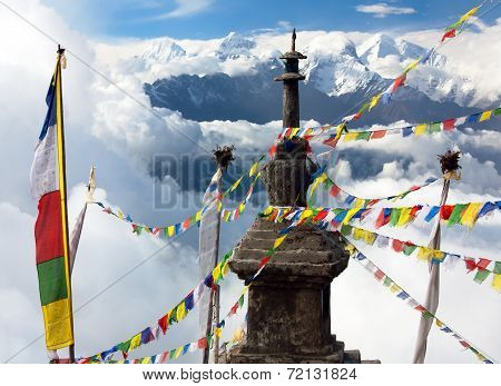 Ganesh Himal With Stupa And Prayer Flags