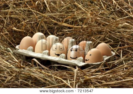 Smiley eggs in pack on haystack