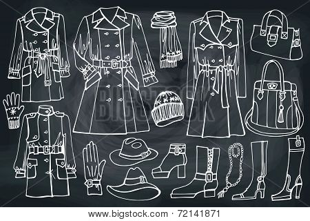 Female clothes set.Fashion wear Sketchy on chalkboard