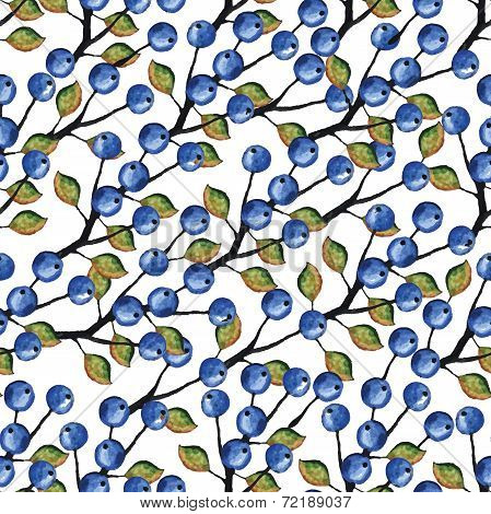 Watercolor Blueberries branches seamless pattern