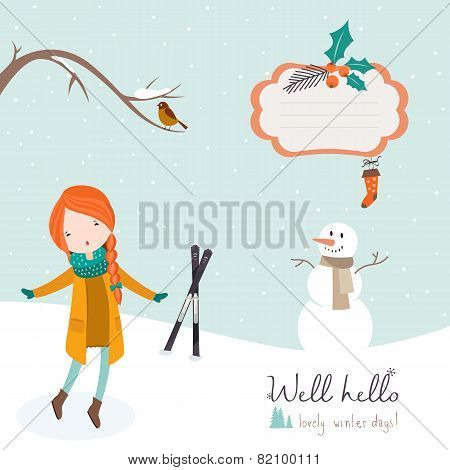 Girl dancing under falling snow