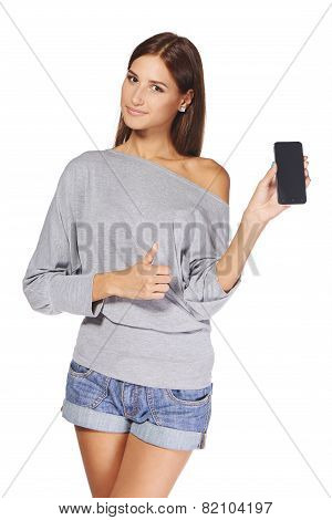 Young woman showing mobile cell phone