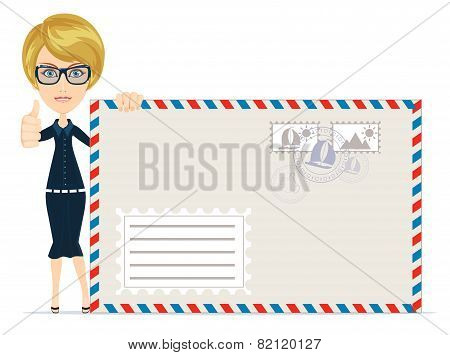 Happy female Delivering Mail Over White Background