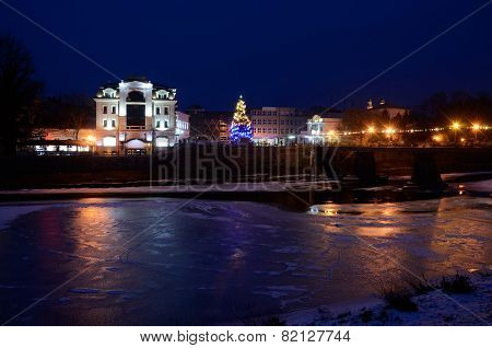 Night View Of Frozen Uzh River, Uzhgorod,winter Time, Zakarpattia,western Ukraine