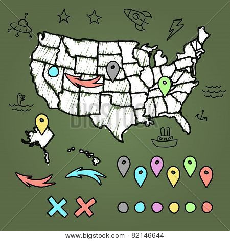 Hand drawn US map on chalkboard