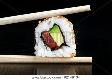 Extreme Close Up Of Tuna And Avocado Uramaki.
