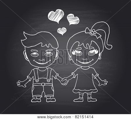 Vector hand draw loving boy and girl on black chalkboard