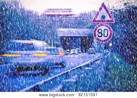 A Road With Tunnel In The Snow Fal