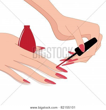 Woman Hands , Applying Nail Polish, Vector Illustration