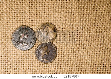 Antique Coins With Portraits Of Emperors Are On Sacking