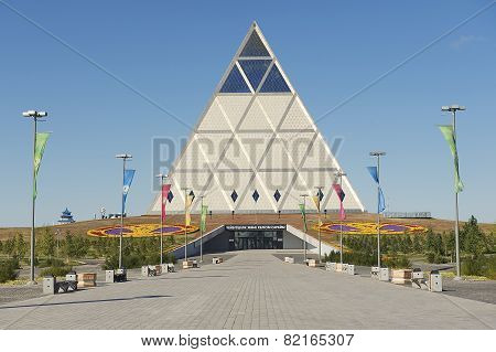 Exterior of the Palace of Peace and Reconciliation building in Astana, Kazakhs