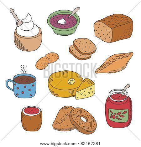 Set Of Vector Pied Doodle Food Icons In Flat Style