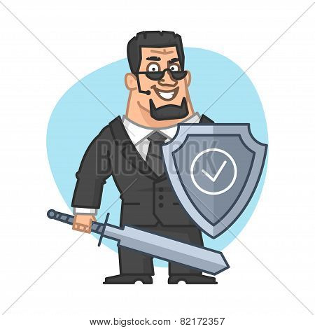 Guard holds shield and sword