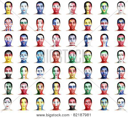 Flags Of Different Countries On A Woman's Face.
