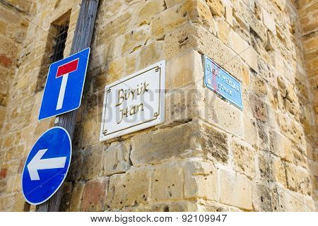 Nameplate sign of Buyuk Han (The Great Inn) Nicosia North Cyprus