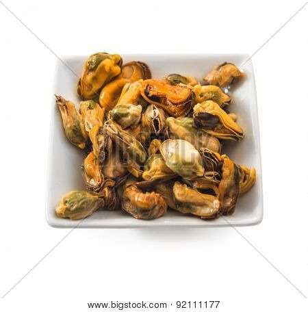 pickled Mussels in a bowl isolated on white background