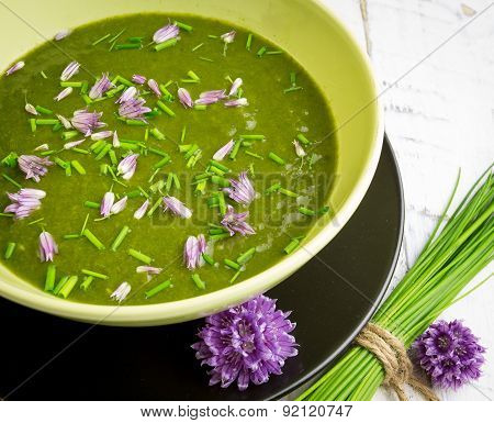 Swiss Chard And Potato Cream Soup Chopped Chives With Flowers