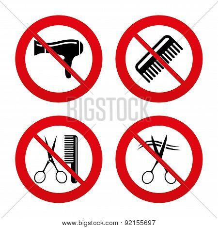 Hairdresser icons. Scissors cut hair symbol.