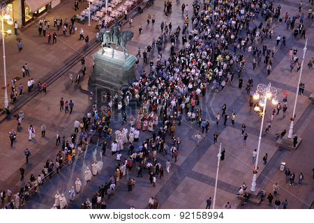 ZAGREB, CROATIA - MAY 31, 2015: Procession through the streets of the city for a day Our Lady of the Kamenita vrata, patroness of Zagreb, led by Cardinal George Pell and Cardinal Josip Bozanic.
