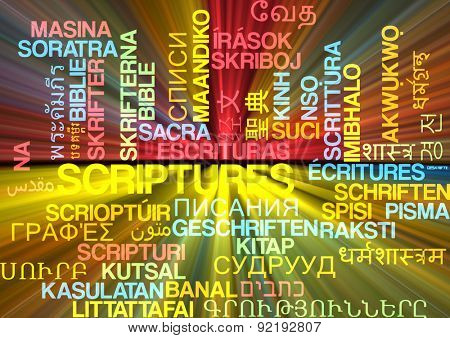Background concept wordcloud multilanguage international many language illustration of scriptures glowing light