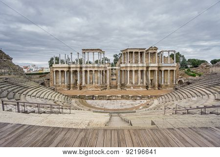 The Roman Theatre proscenium in Merida in Spain. Front View