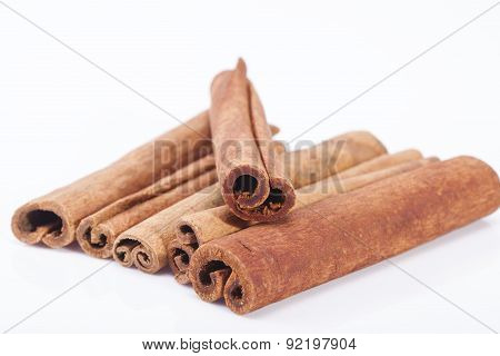 Group Of Dried Cinnamon Stics On White Background