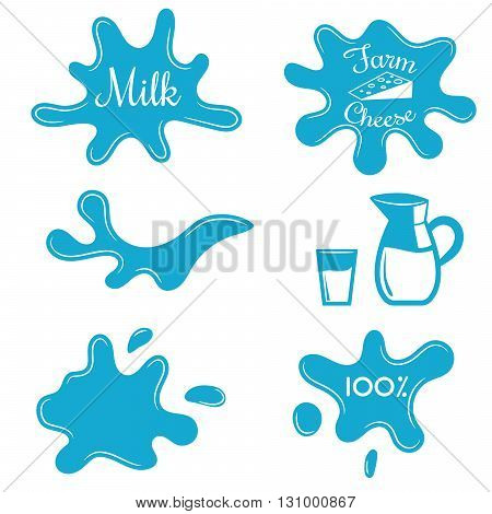 Farm milk splash vector elements. Milk jug and glass for advert banners and badges. Homemade village milk and cheese.